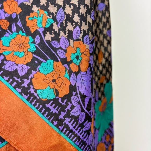 Vintage 80s 90s Square Silk Scarf Houndstooth Autumn Fall Leaves Rose Floral - Picture 12 of 14